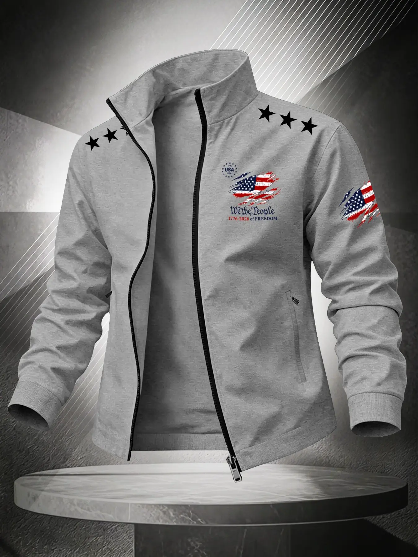 Men's Star Flag Print Stand Collar Jacket, Long Sleeve, Trendy Versatile Zipper Outerwear, Street Style Daily Outdoor Wear, Multiple Color Options
