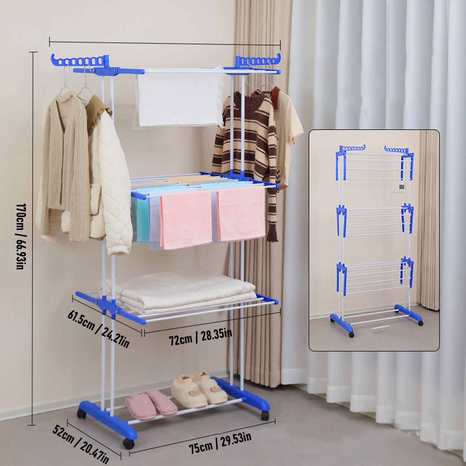 Clothes drying rack, large four-layer foldable drying rack, with four universal wheels for mobility. Multi-functional stainless steel drying rack, blue/gray