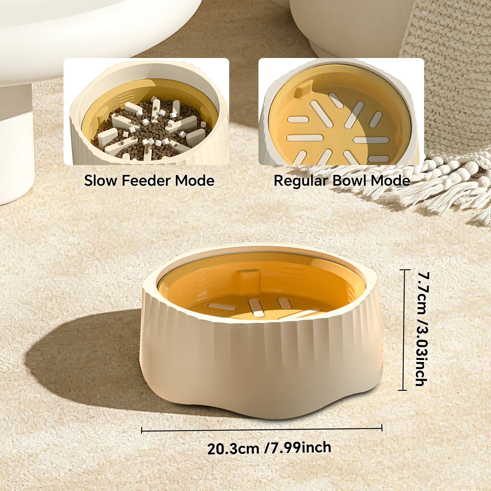 Cat eats from a slow bowl. Dog eats from a can. Dog licks food from a dish. Cat eats slowly from a bowl. Food is spilled from the container. Ceramic pet products. Pet supplies. Anti-choking device.