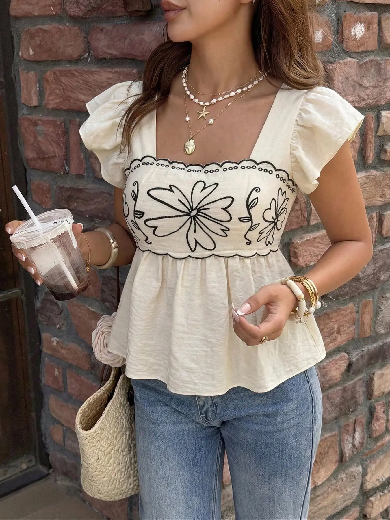 Women's Bohemian Embroidered Doll Shirt Top, Boho Bohemian Blouse, Luxurious Summer Dressing, Elegant Vacation Style, High-End Women's Clothing