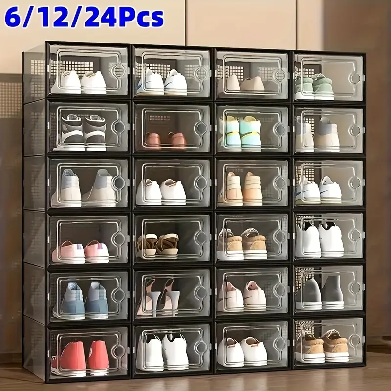 6/12/24PCS Thickened Transparent Shoe Boxes with Lid, Foldable Stackable Freely Combinable Plastic Sneaker Containers, Space Saving Shoe Storage Organizer for Entryway Bedroom