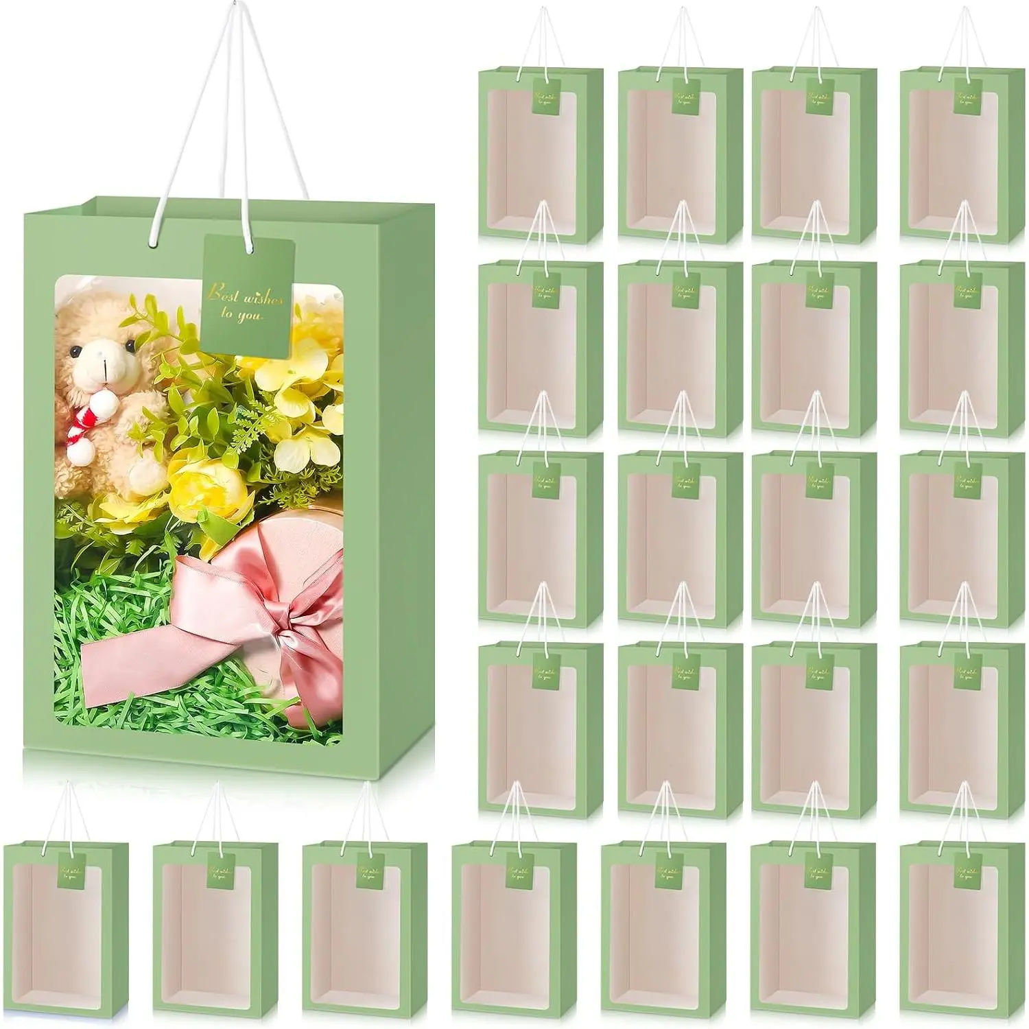 24 count Large  Bags with Clear Window 13.8 x 9.8 x 5.9 Transparent Paper Flower Bouquet Bags  with Handle for Wedding Birthday(Sage Green)