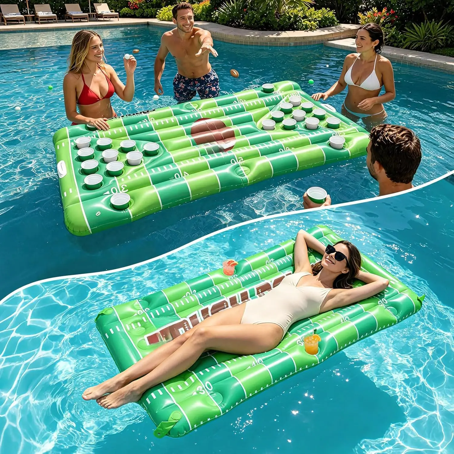 6ft Heavy-Duty Thick PVC Reversible Gridiron Football Pool Float & Inflatable Beer Pong Game Set for Adults, Includes Balls, Cups, Pump, Stakes, Carry Bag for Water Sports Party Fun