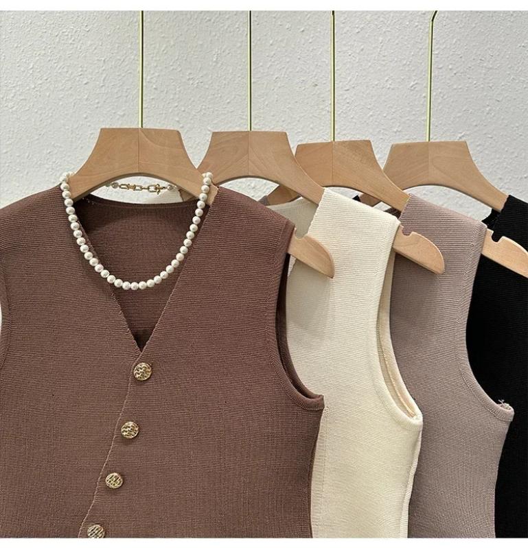 Aria Muse  2026 Summer Female Fashion Solid Single Breasted Tank Tops Knitted V-Neck Sleeveless Slim Women Vest
