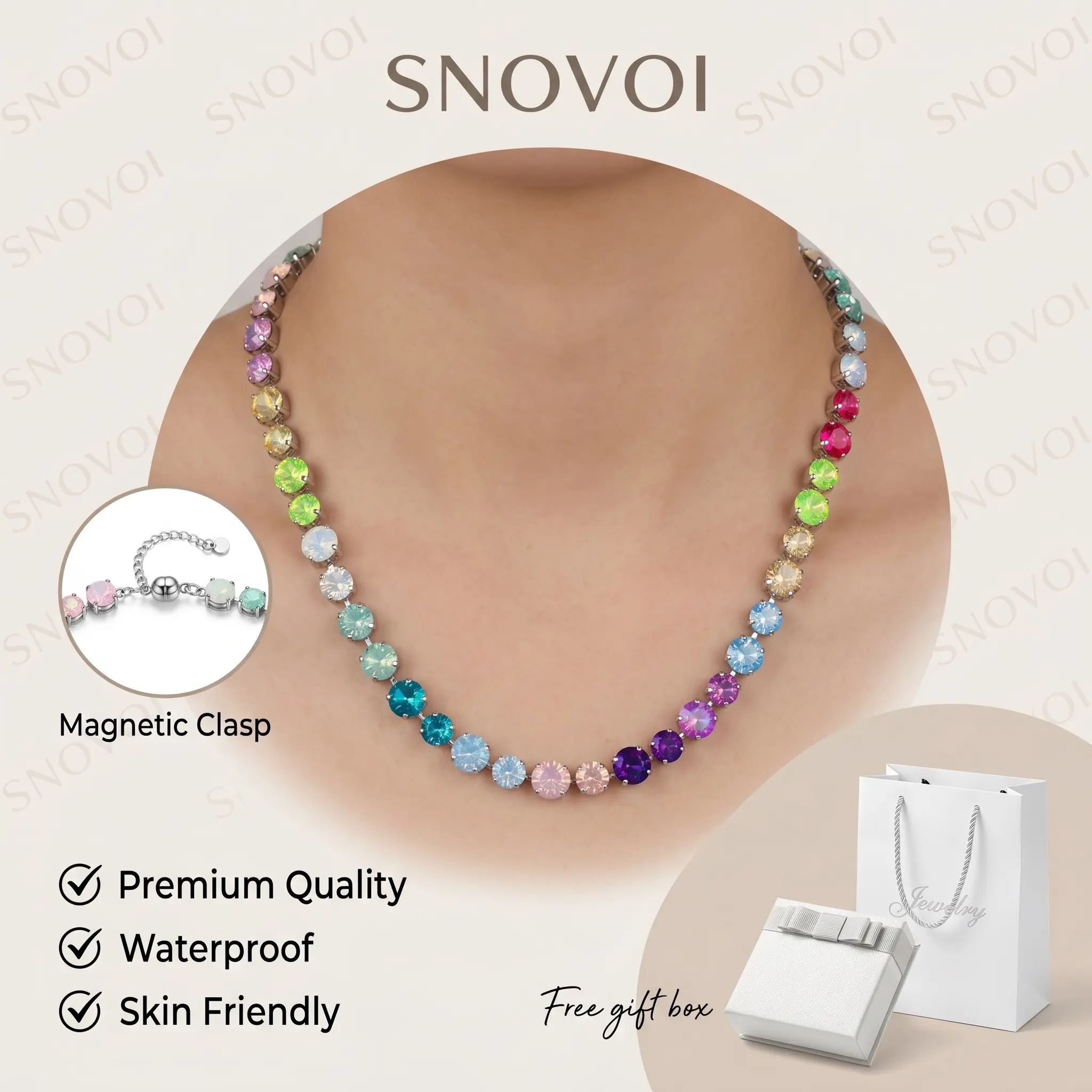 Sleek Pastel Rainbow Crystal Magnetic Clasp Choker Necklace, Soft Minimal Boho Summer Luxe Style, Freely Adjustable Fit All Neck Sizes, Eye-Catching Statement Jewelry For Beach & Cocktail Party, Great For BFF Gift Sets & Party Giveaways