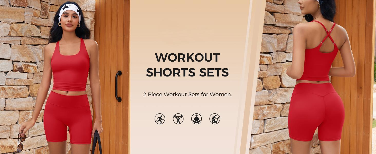 Imily Bela Womens 2 Piece Workout Sets Cross Back Padded Halter Tank Tops High Waisted Biker Yoga Shorts Gym Outfits