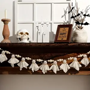 Exquisite hand-made 7-foot style summer decorations, multi-scene banners with wooden beads and skulls-white cloth garlands, suitable for indoor/outdoor wall decoration, perfect for home, garden or party supplies, Halloween and bewitching or atmosphere dec