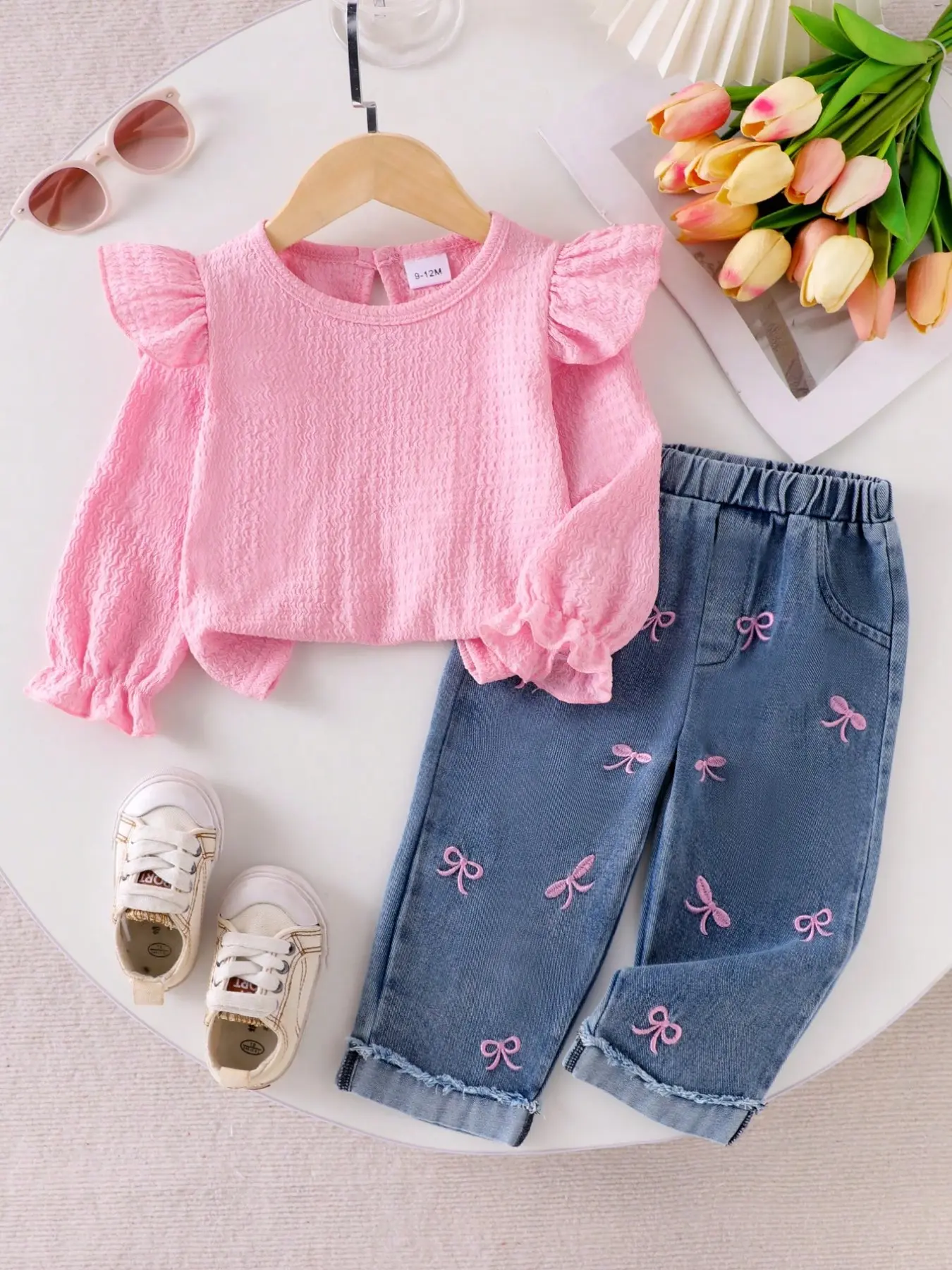 Girls' 2-Piece Set Spring Summer Casual Plain Ruffle Sleeve Long Sleeve Top and Multiple Bow Embroidery Jean Pants Summer Outfits Set