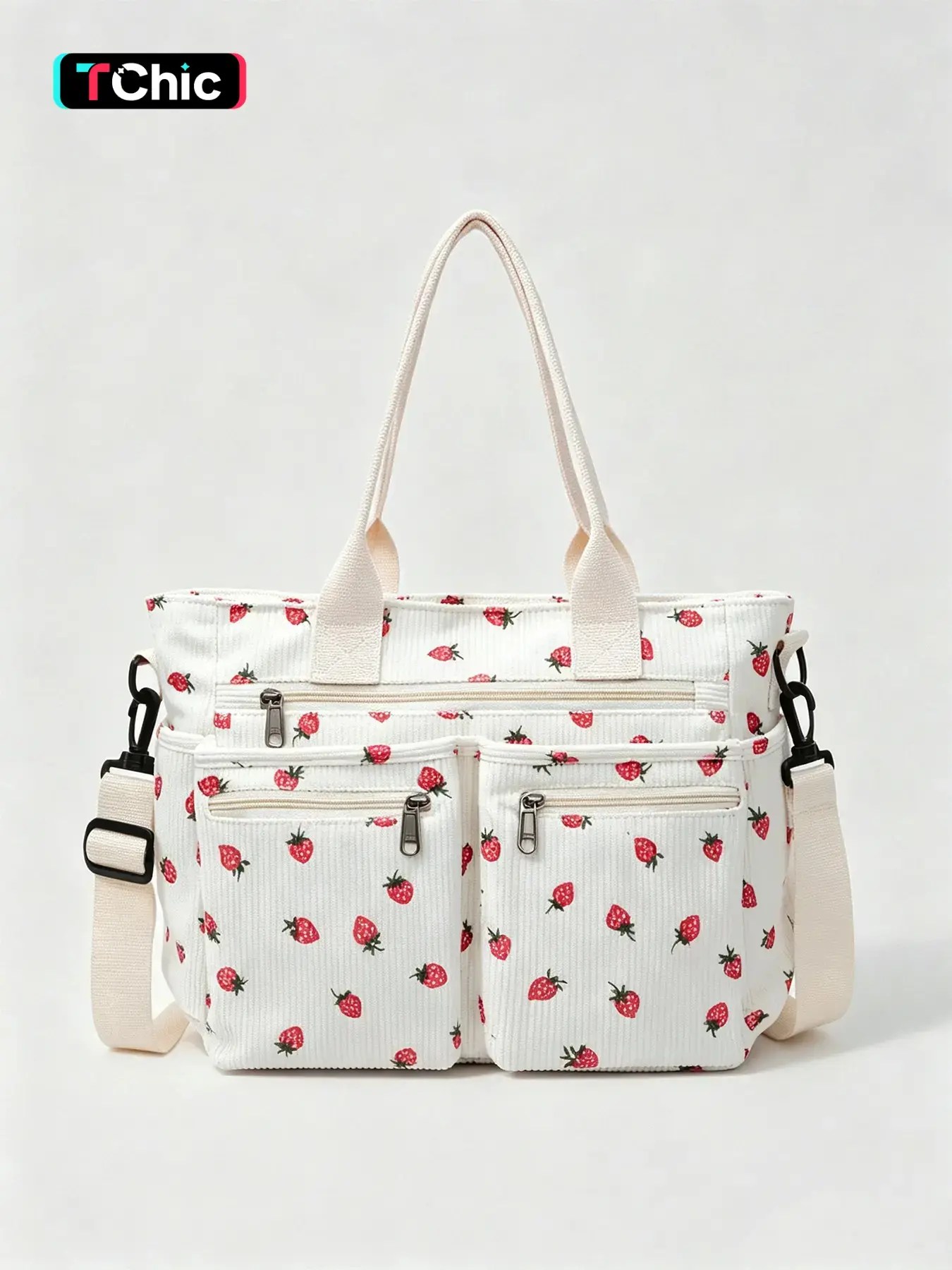 Gentle and cute retro artistic texture strawberry printed Commuter Tote Bag with multiple zippered pockets, large capacity, niche design, versatile single shoulder handbag, suitable for daily commuting and friend gatherings