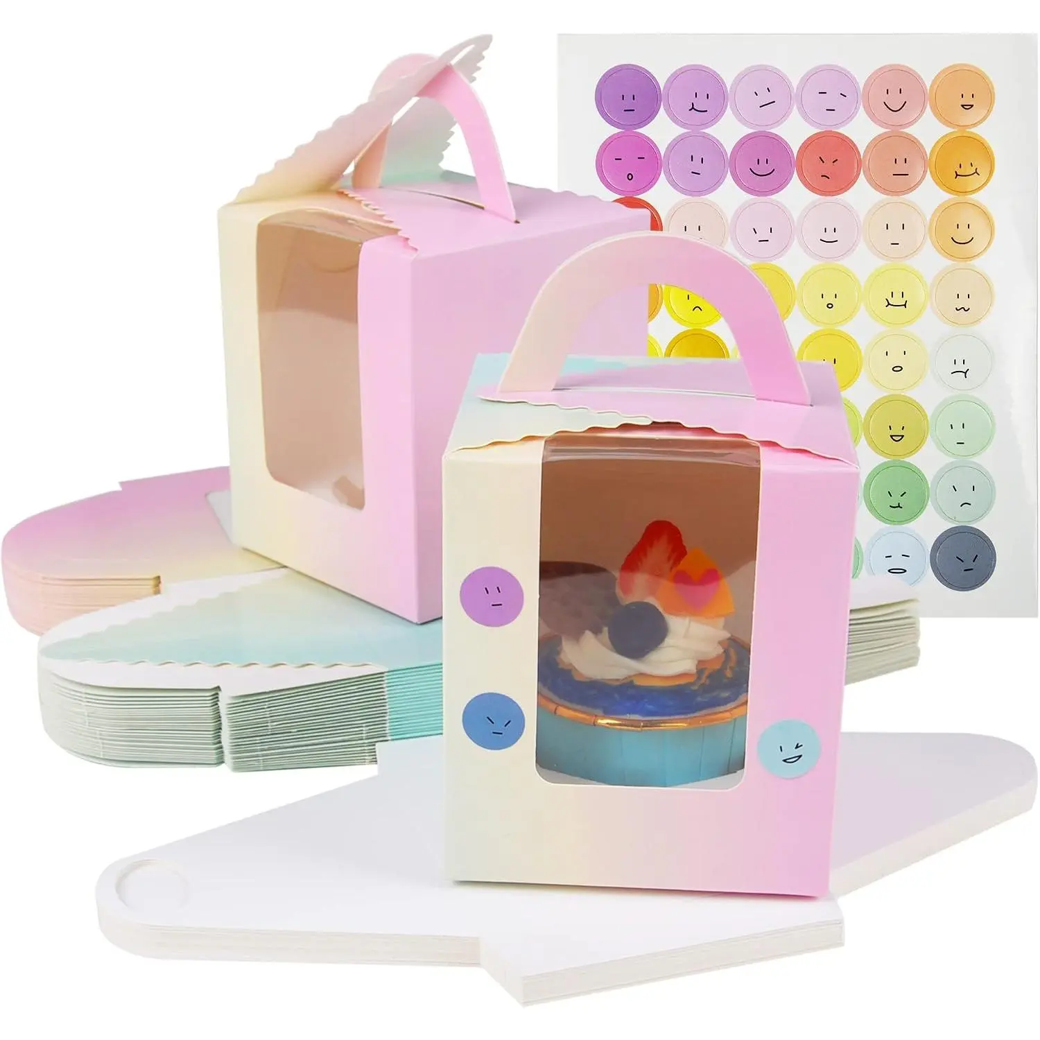 30 count Individual Cupcake Boxes Gradient Single Cupcake Boxes 1 Hole Cake Box with Clear Window Inserts and 2 Sheets of Stickers for Wedding Birthday Party Favors