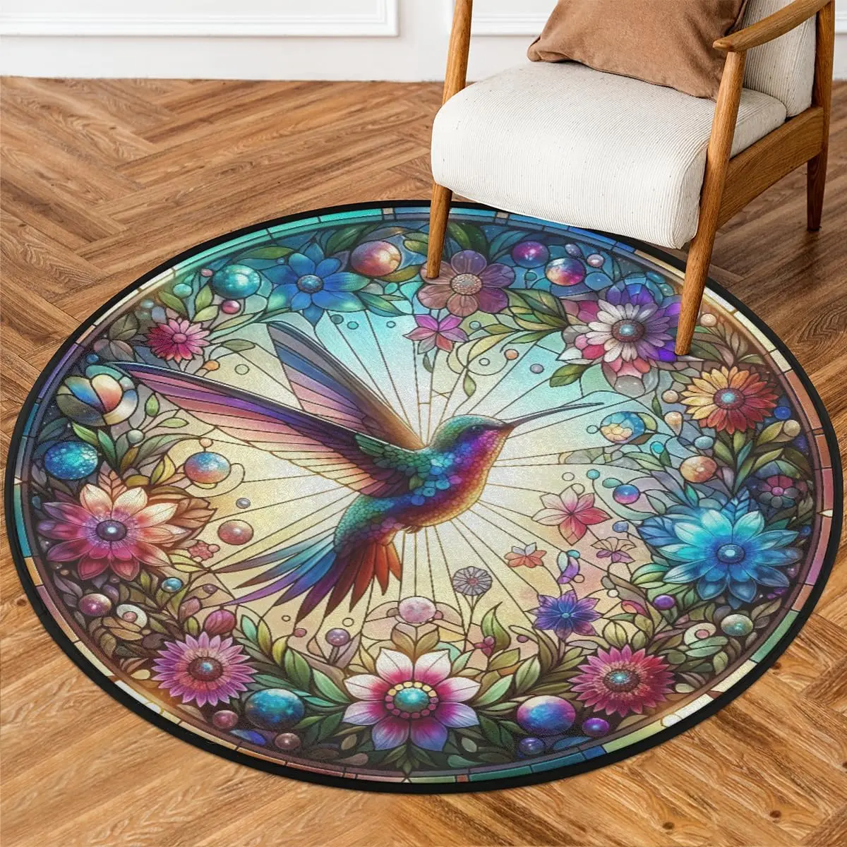 Flannel Floor Mat Round Rug 33.88in Indoor Circle Area Rug Beautiful Mandala Blue Flowers Round Non Slip Washable Easy -Cleaning Soft Throw Rugs Floor Carpet for Farmhouse Living Room Bedroom Nursery Room Dining Room
