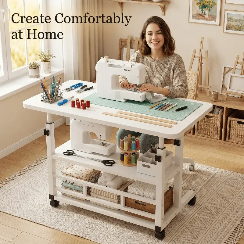 Sewing & Knitting SuppliesMultifunctional Adjustable Height Mobile Craft Table/Storage Table - Mobile Craft Table with 4 360° Silent Wheels, Available in Black/white, with Double Shelves. Perfect for Bedrooms, Living Rooms