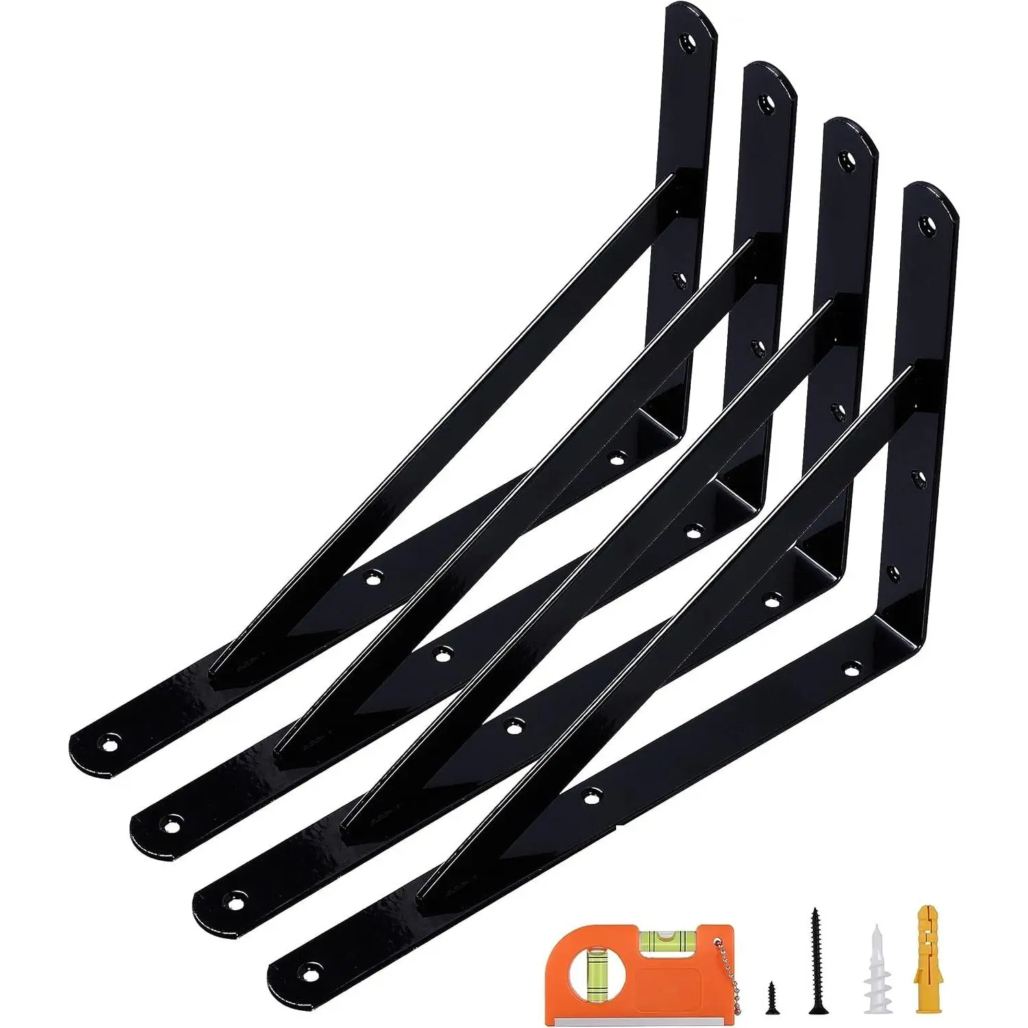 4-Pack 12 Inch Heavy Duty Shelf Brackets, Large Wall Bracket for Garage Storage Shelves, Black Powder-Coated Steel