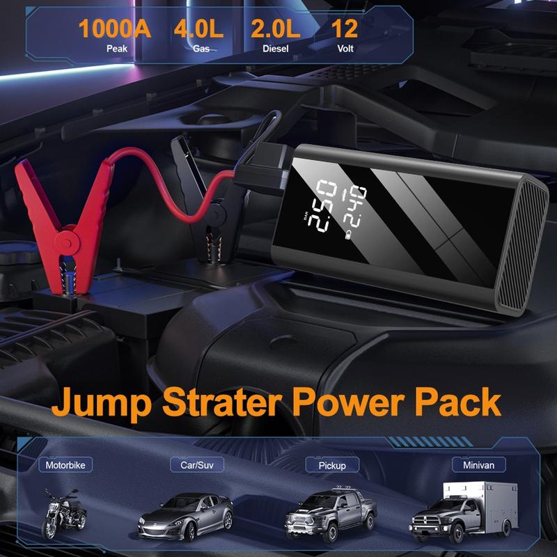 Wireless Air Pump with LED Lighting, 1 Set 12V 4-in-1 Portable Vehicle Battery Jump Starter, Emergency SOS Light, Digital Display, Smart Clip, Tire Pressure Monitor, Autos, Vehicle, Automotive Tire Inflator, Cordless Tire Inflator