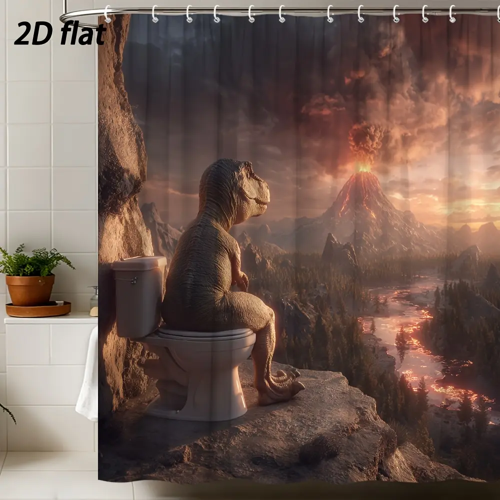 [Back to School] Fun Dinosaur Shower Curtain Made of Polyester Fabric, Featuring a T-Rex Sitting on a Toilet with a Volcano Backdrop. This Unique Design Measures  Comes with Hooks, Making It a Great Holiday Gift