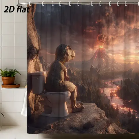 PAUSEBOLL 60x72in Dinosaur Shower Curtain - Back to School Funny Peach-Patterned Cartoon T-Rex & Volcano Print, Waterproof Polyester Bathroom Decor Set with Built-In Hooks, Home Decor Items, Beautiful Bathroom Curtains, Birthday Gift for Animal Lovers