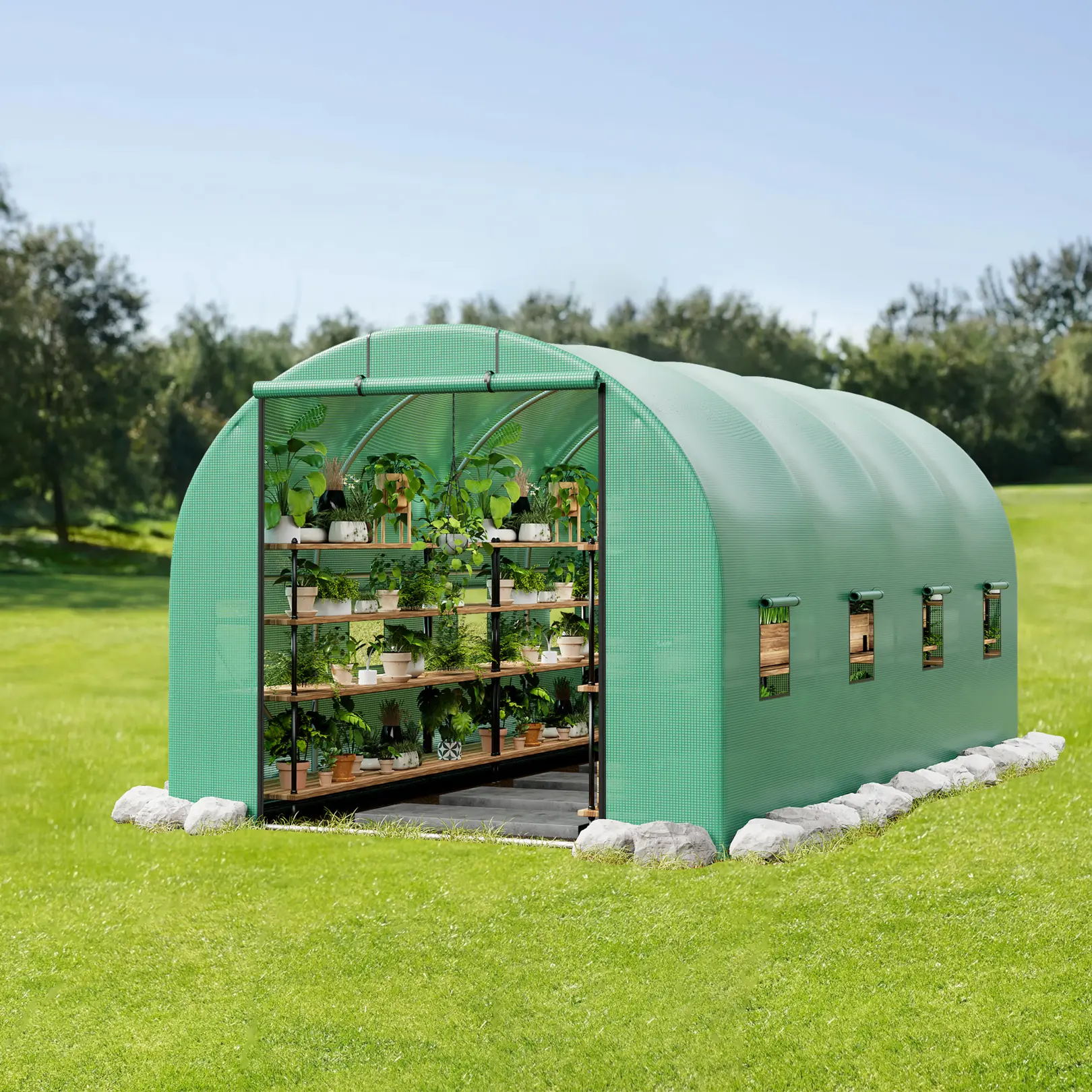 Outdoor Tunnel Walk-In Greenhouse PE Waterproof Plant House with Rollable Screen Windows and Zipper Door for Backyard Vegetable & Flower Growing