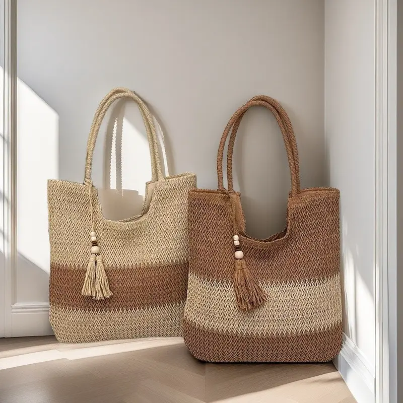 Women's Natural Straw Beach Tote - Bright Bohemian Top Handle Shoulder Bag with Zipper, Large Foldable Bag for Summer Vacation, Party, Beach Outfits, Casual, Slip On, Eco Conscious Bags, Straw Woven Tote