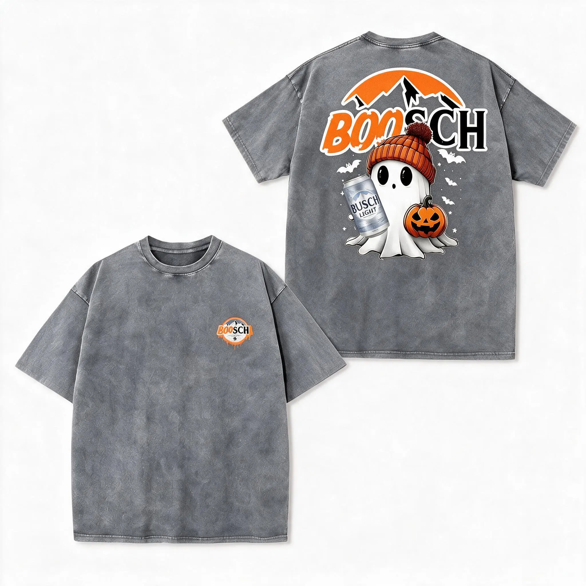 Vintage Washed Boosch Ghost T Shirt Beer Pumpkin Halloween Front Back Print Graphic Tee Oversized Heavyweight Cotton Funny Spooky Season Casual Streetwear For Men Women