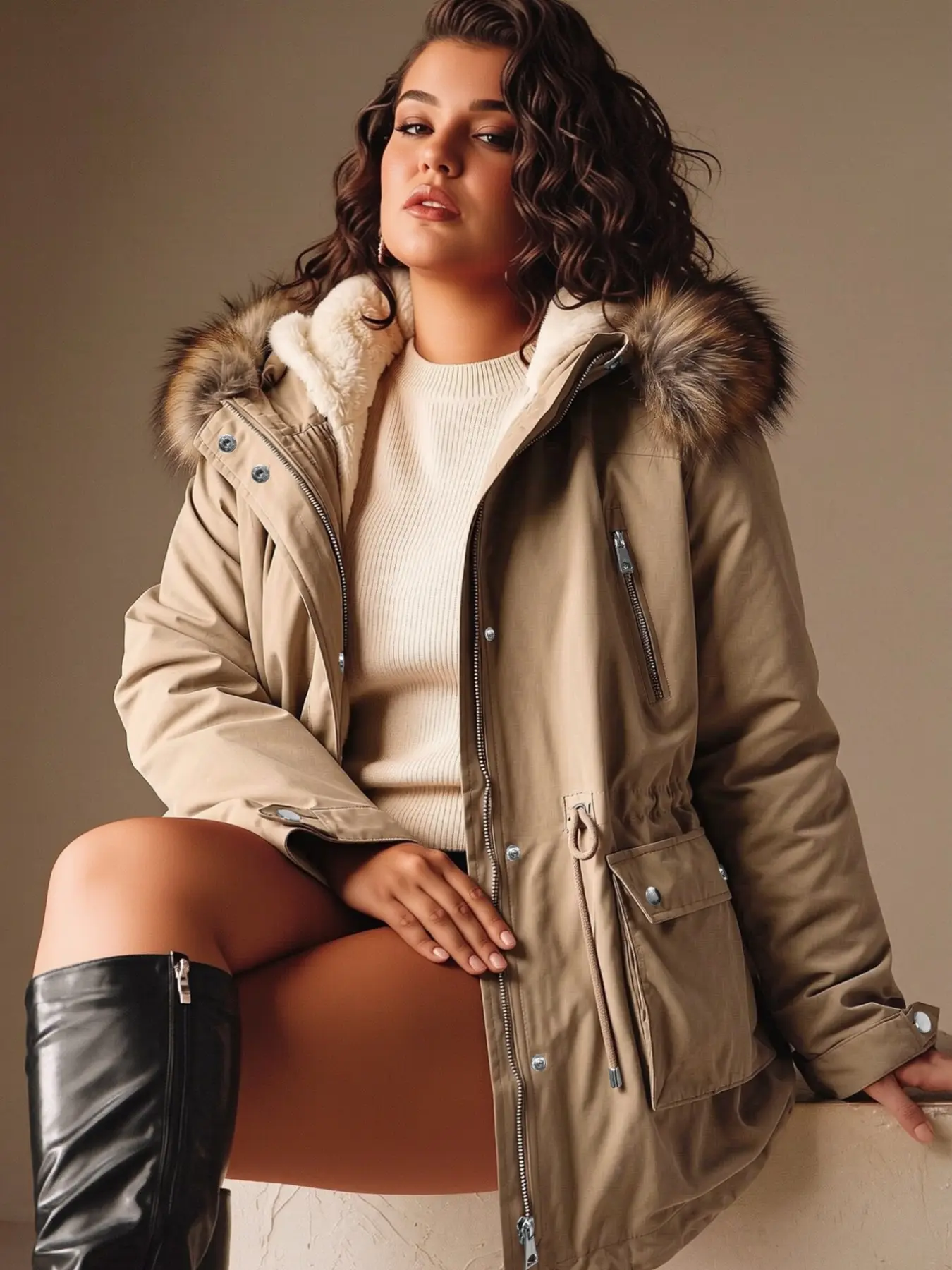Giolshon Women's Plus Size Hooded Jacket with Detachable Faux Fur Collar, Casual Fall & Winter Outerwear, Adjustable Drawstring, Large Pockets