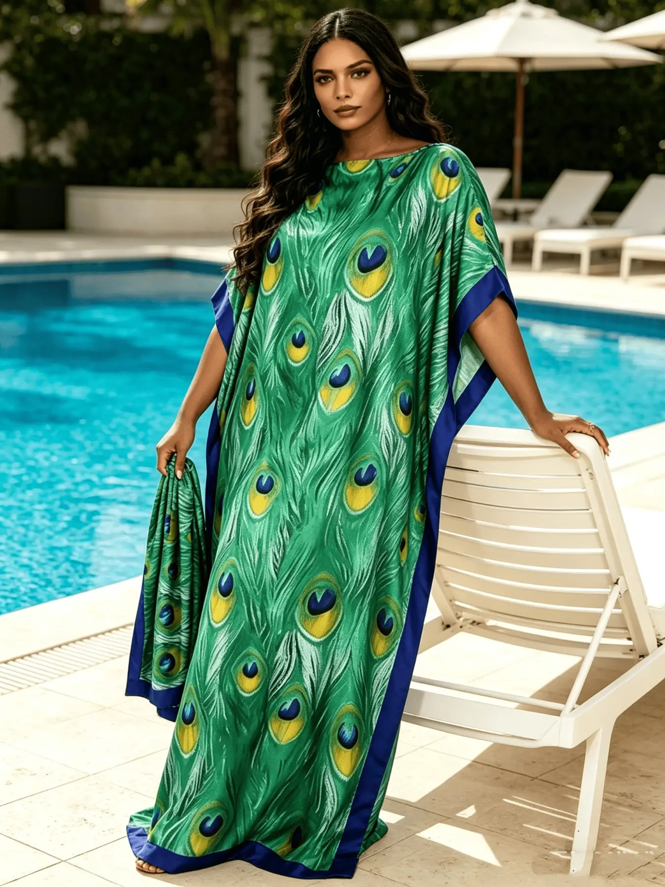 Emerald Green Peacock Feather Print Kaftan Maxi Dress With Matching Head Scarf, Silky Soft Loungewear Nightgown, Loose Beach Resort Cover Up Sleep Dress, Plus Size Friendly