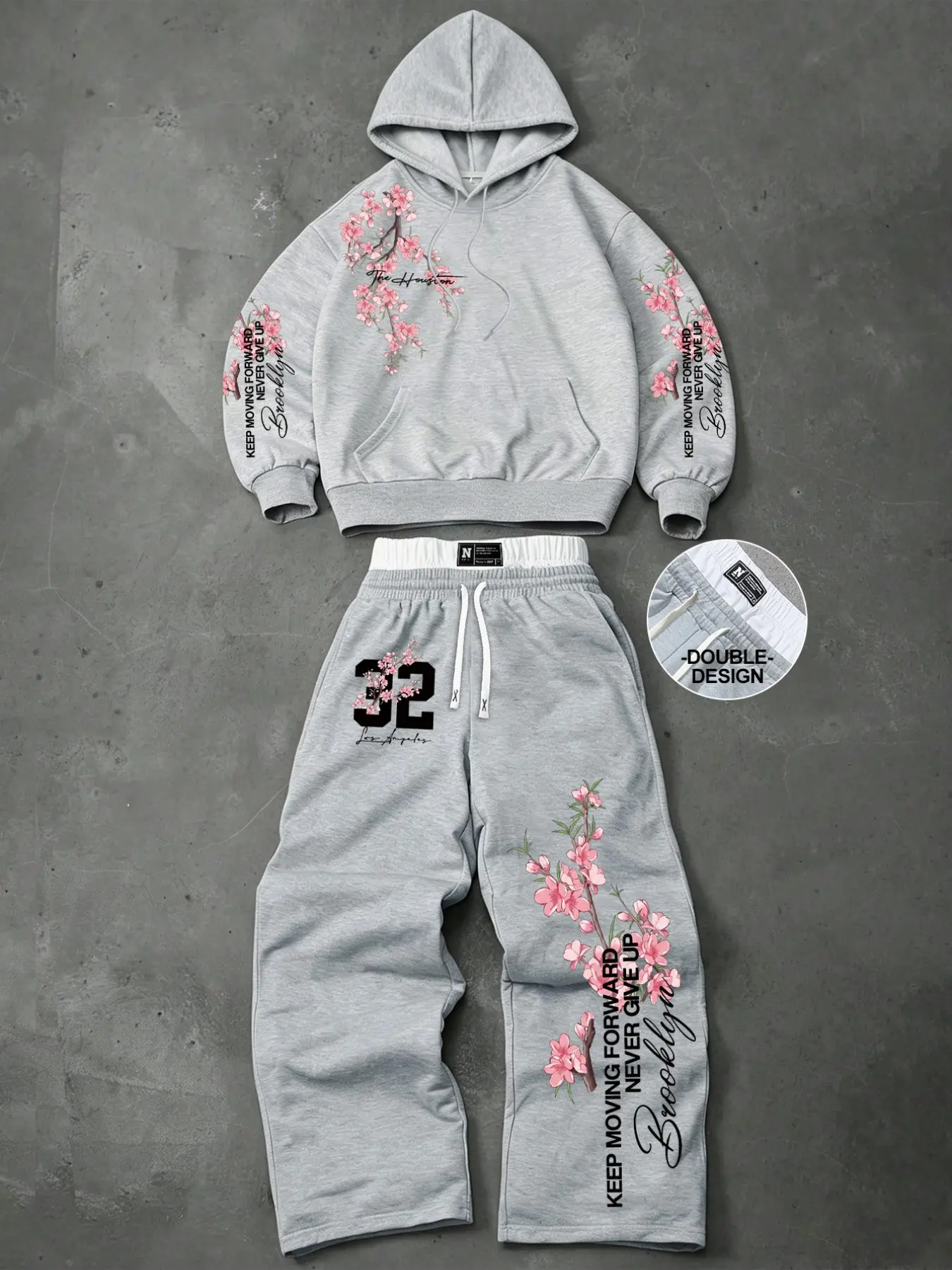 Y2K Floral Cherry Blossom Hoodie Set 2 Piece Oversized Baggy Sweatpants Tracksuit Men Women Streetwear Graphic Sweatsuit for Casual Daily Outfit