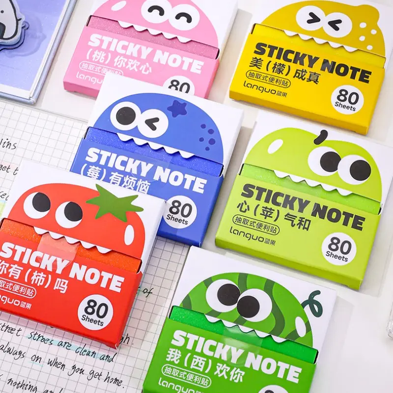 6/12 Pack 480/960 Sheets Pearlescent Transparent Sticky Notes Set - 3 x 3 in Pop-Up Pull-Out Notes with Cute Fruit Dispensers for Study, Annotation, School & Office