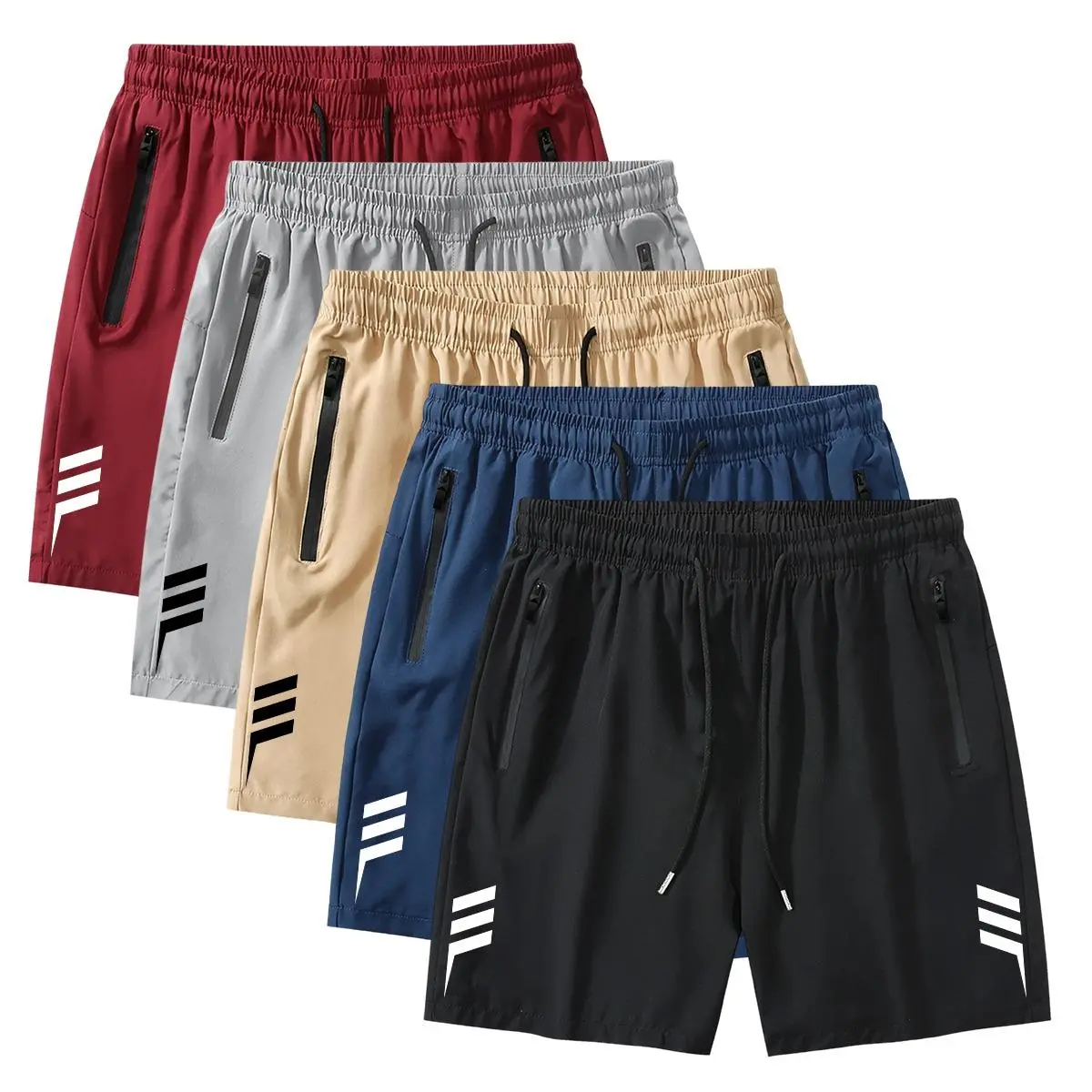 Men's 5-Pack Summer Solid Color Fitted Above-the-Knee Shorts - Adjustable Drawstring Waist, Zip Pockets, Printed, Regular Fit, Stylish Casual for Daily Wear & Commuting