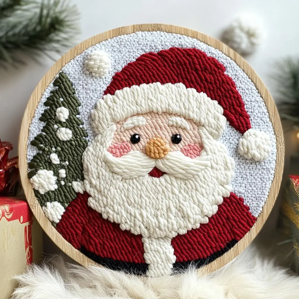 DIY Punch Needle Kit Santa Claus with Hoop 20x20cm, Pattern Stamped Embroidery Starter Craft Set for Adults Beginners, Festival Gift & DecorationGift