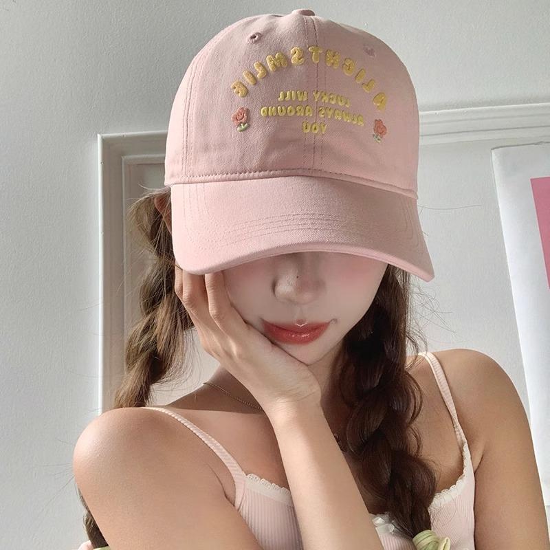 Floral pink letter baseball cap for women with large head circumference, soft top, wide brim, makes the face look smaller