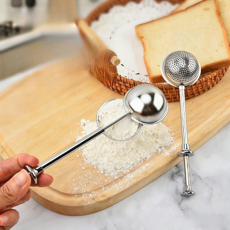 Baking Game-Changer! Stainless Steel Push-Type Flour Duster Sifter, Long Handle for Even Powder Sugar/Flour Sprinkling, No-Mess Kitchen Gadget for Home Baking