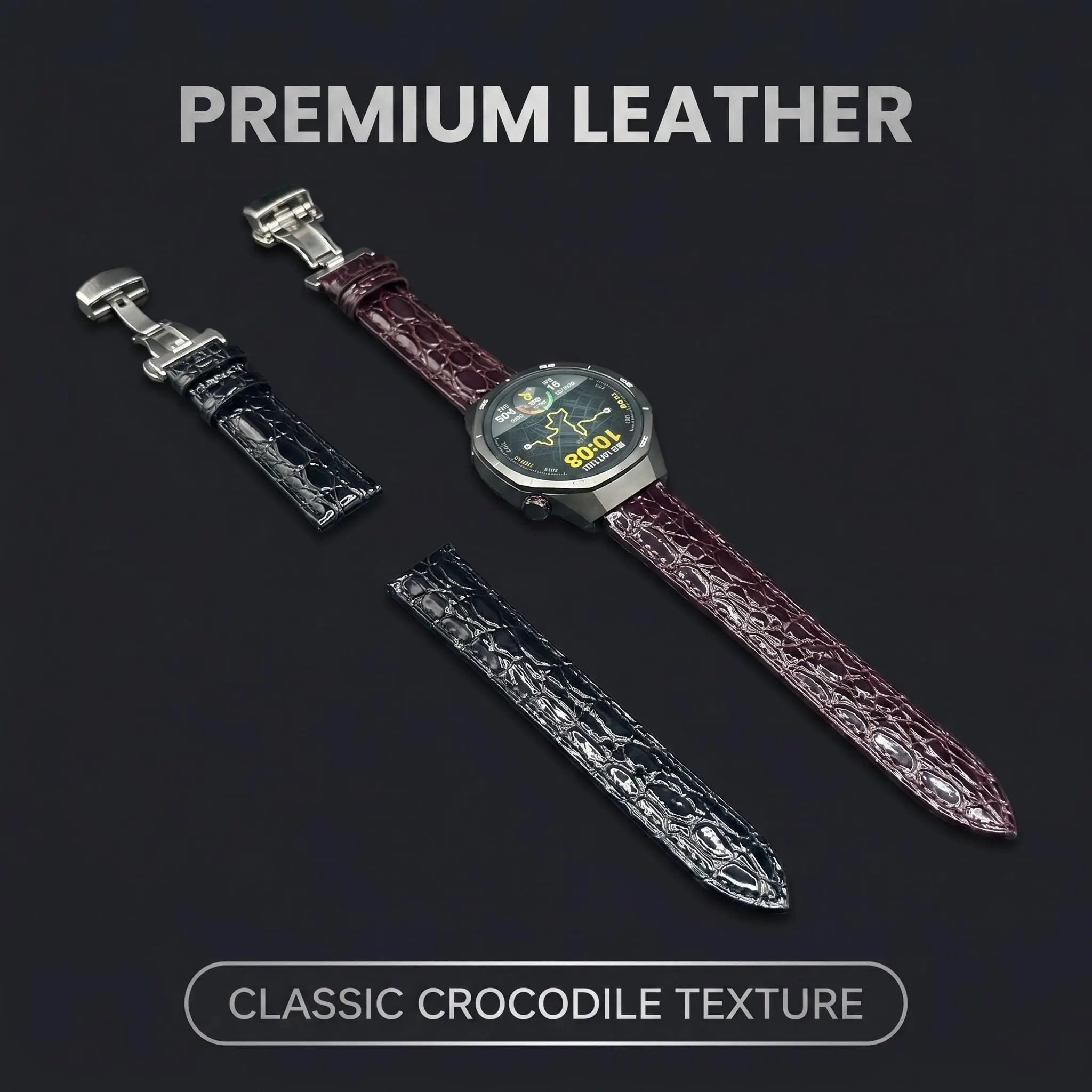Crocodile Pattern Full Grain Leather Strap, Butterfly Buckle/standard Pin Buckle, Smartwatch Replacement Band, Smart Watch Straps, 18/20/22mm