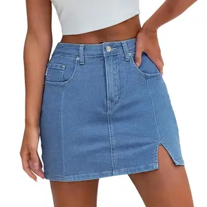 Genleck Women's High-Waisted Denim Skort | Built-in Shorts & Side Slit Skirt Womenswear Fitted Button skirts