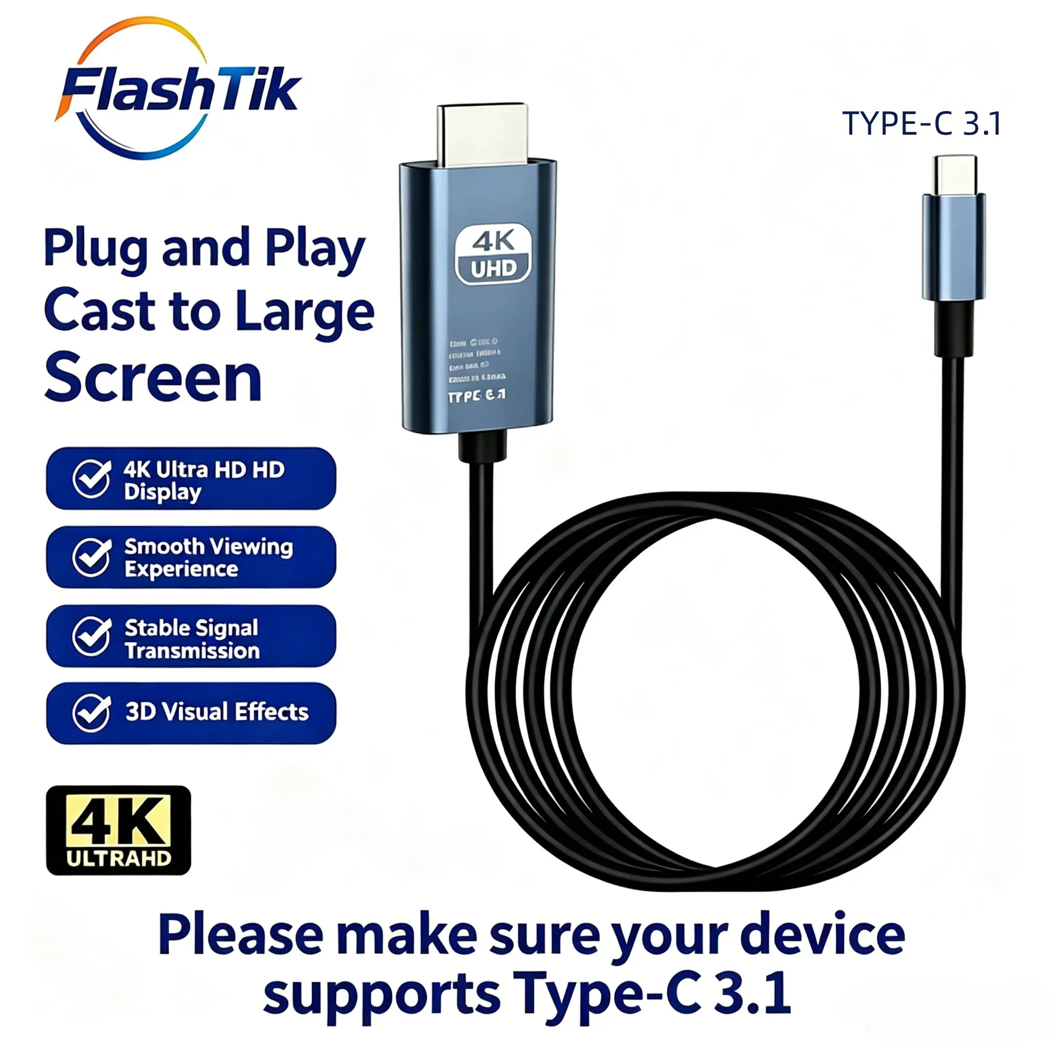 Flashtik USB 3.1 Type-C to HDMI Adapter Cable, Type C Wired, 4K HD Display, 2m/6.6ft, USB-Powered, Direct Phone to TV/Screen/Projector Connection