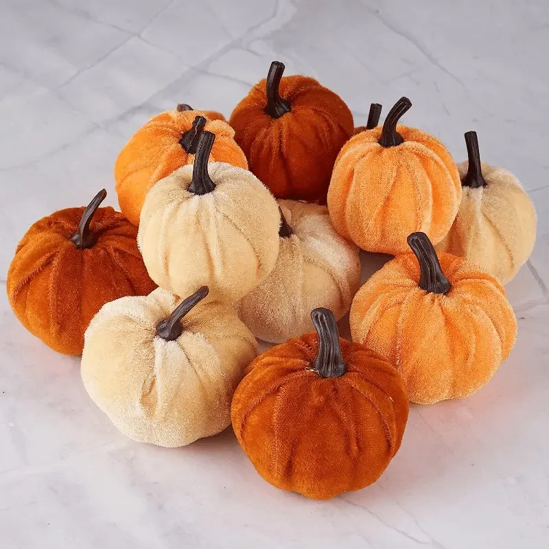 10Pcs Velvet Artificial Pumpkin Decorative Set, Soft Faux Velvet Mini Pumpkins Tabletop Ornaments, Living Room Farmhouse Home Decor, Halloween Thanksgiving Autumn Harvest Festival Party Table Centerpieces
