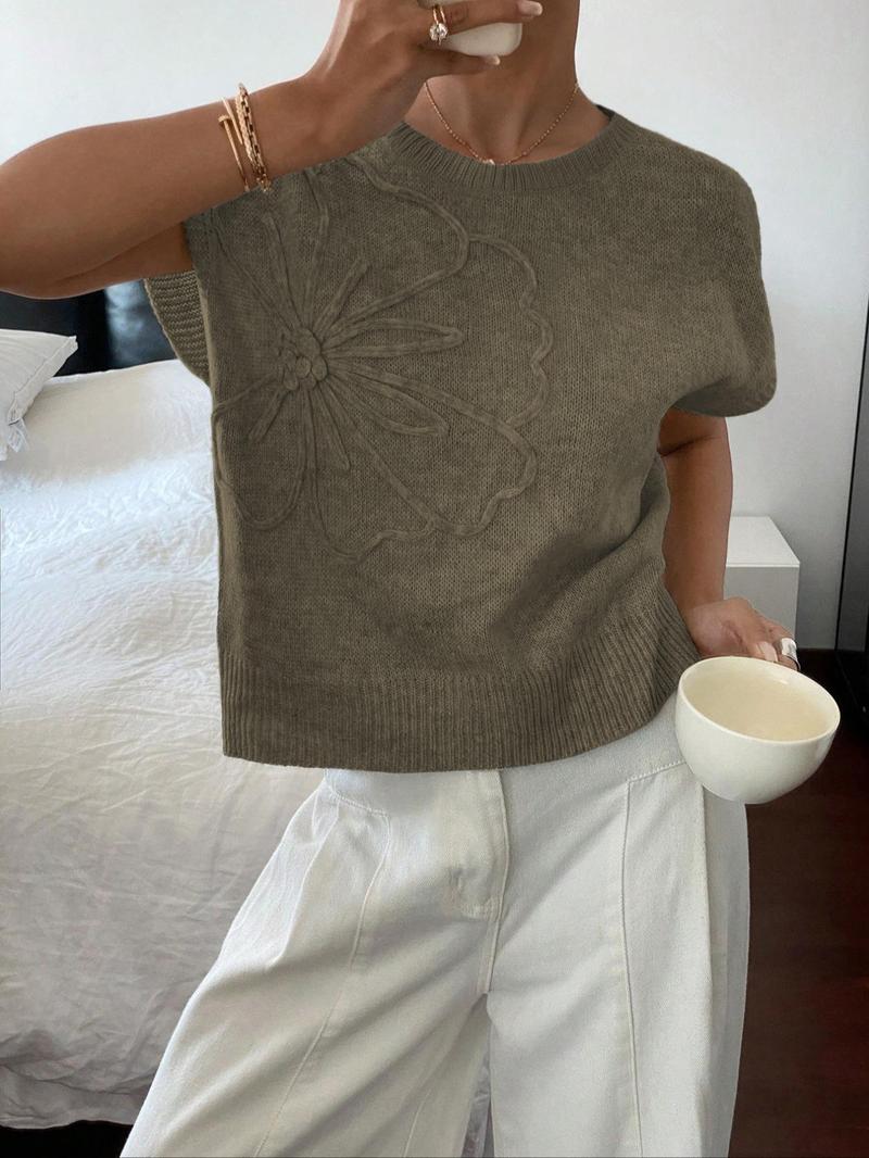 Elegant Round Neck Knit Top for Women, Spring Summer Loose Fit Sweater Vest, Casual Plain Pattern, Stylish Pullover Jacket