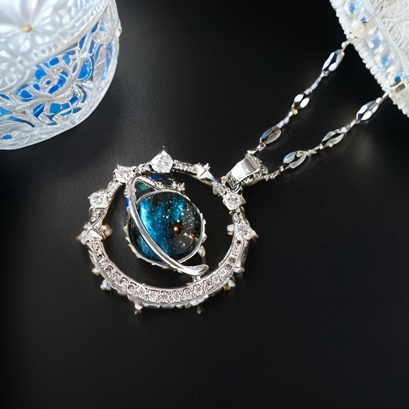Elegant Blue Planet Pendant Necklace - Luxurious Starry Sky Design, Sparkling Accents, Suitable for New Year and Valentine's Day Gifts, Couple's Necklace, Teen Necklace