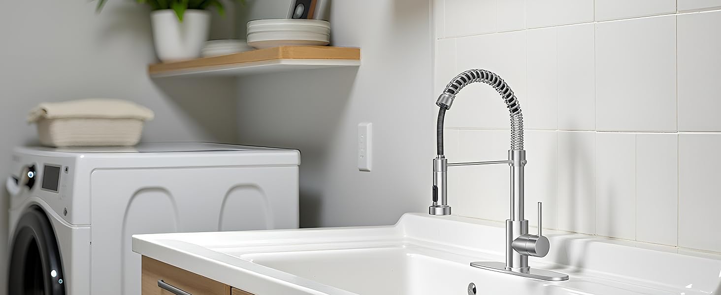 Brushed Nickel Kitchen Faucet with Pull Down Sprayer, Stainless Steel Spring Commercial Kitchen Sink Faucet with 10-Inch Deck,1 or 3 Hole Installation for Farmhouse, RV Camper, Laundry & Utility Sink