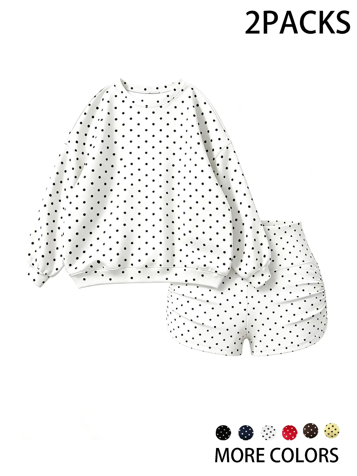 Women's Polka Dot Loose Fit Crew Neck Sweatshirt and High-Waisted Short Pants Set, Casual Striped Design, Soft Stretch Fabric, Stretchy