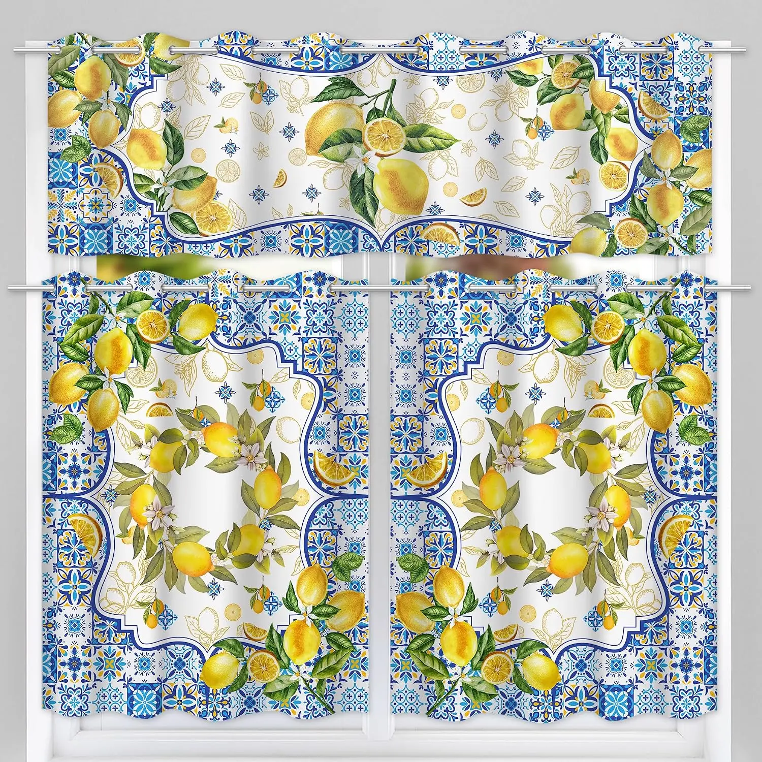 Kitchen Curtains, Yellow and Blue Mediterranean Curtain Tiers and Valances Set of 3,  Sunshine Summer Window Curtains Over Sink 36 inch Length,  Seasonal Gifts for Decorations
