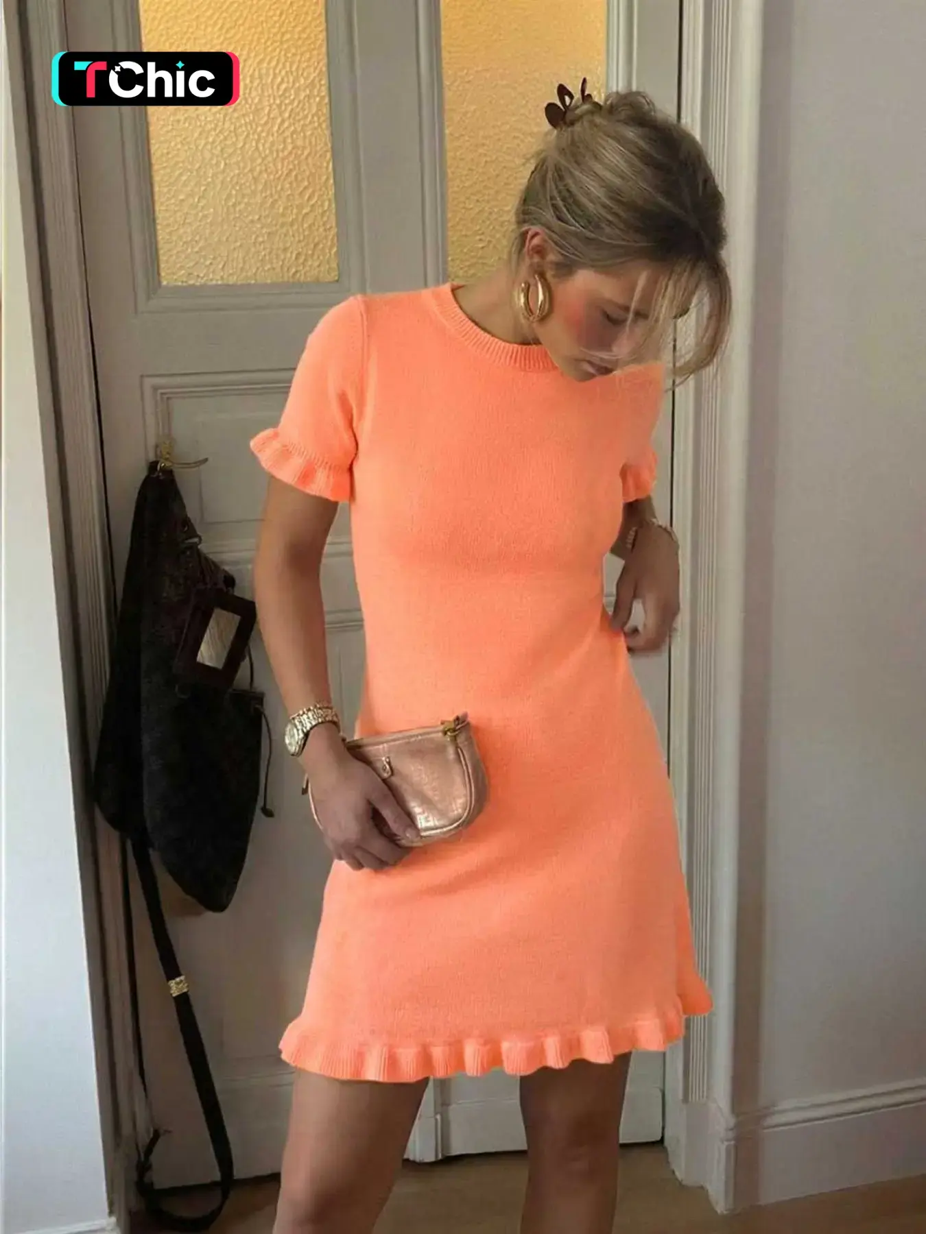 Women's Spring Autumn Fashion Basic Solid Color Round Neck Ruffle Trim Short Sleeve Casual Knit Dress, Simple, Stylish and Comfortable