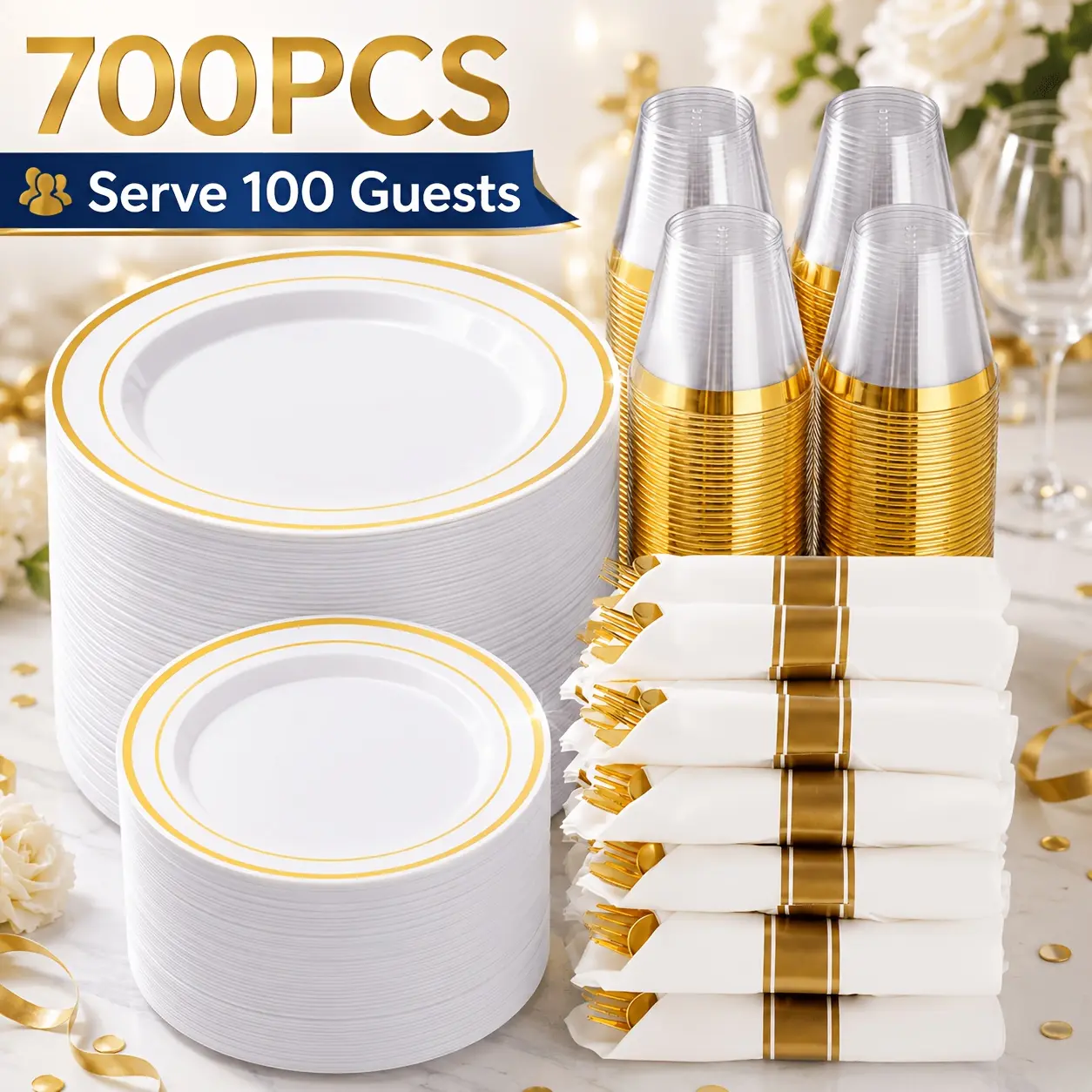 700-piece gold plastic tableware set (for 100 guests), includes: 100 dinner plates, 100 dessert plates, 100 pre-rolled napkins (with gold cutlery), 100 cups