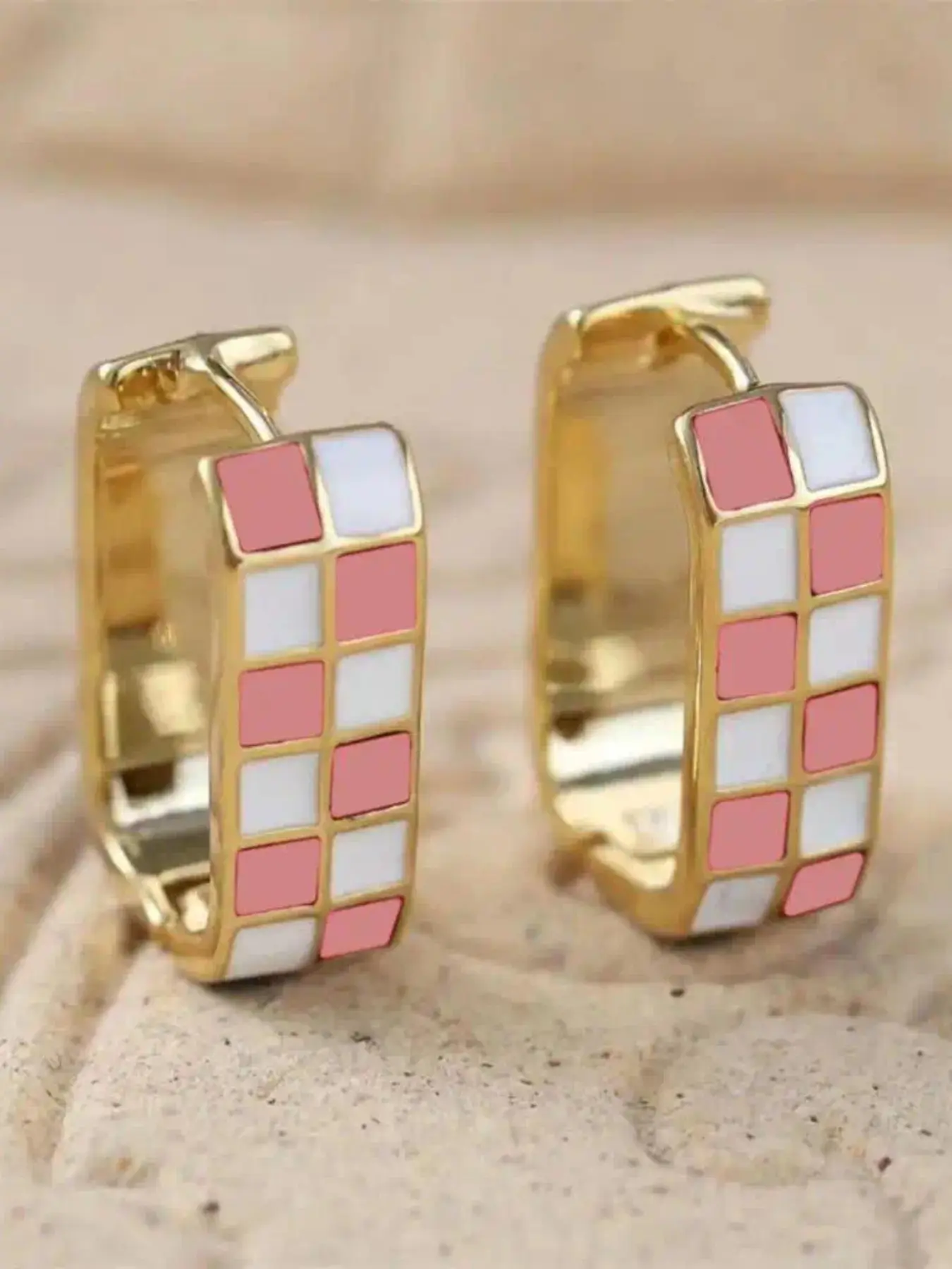 Fashionable Pink and White Checkered Earrings for Women, Retro Hoop Earrings, Party Jewelry, Birthday Gift, Anniversary Present