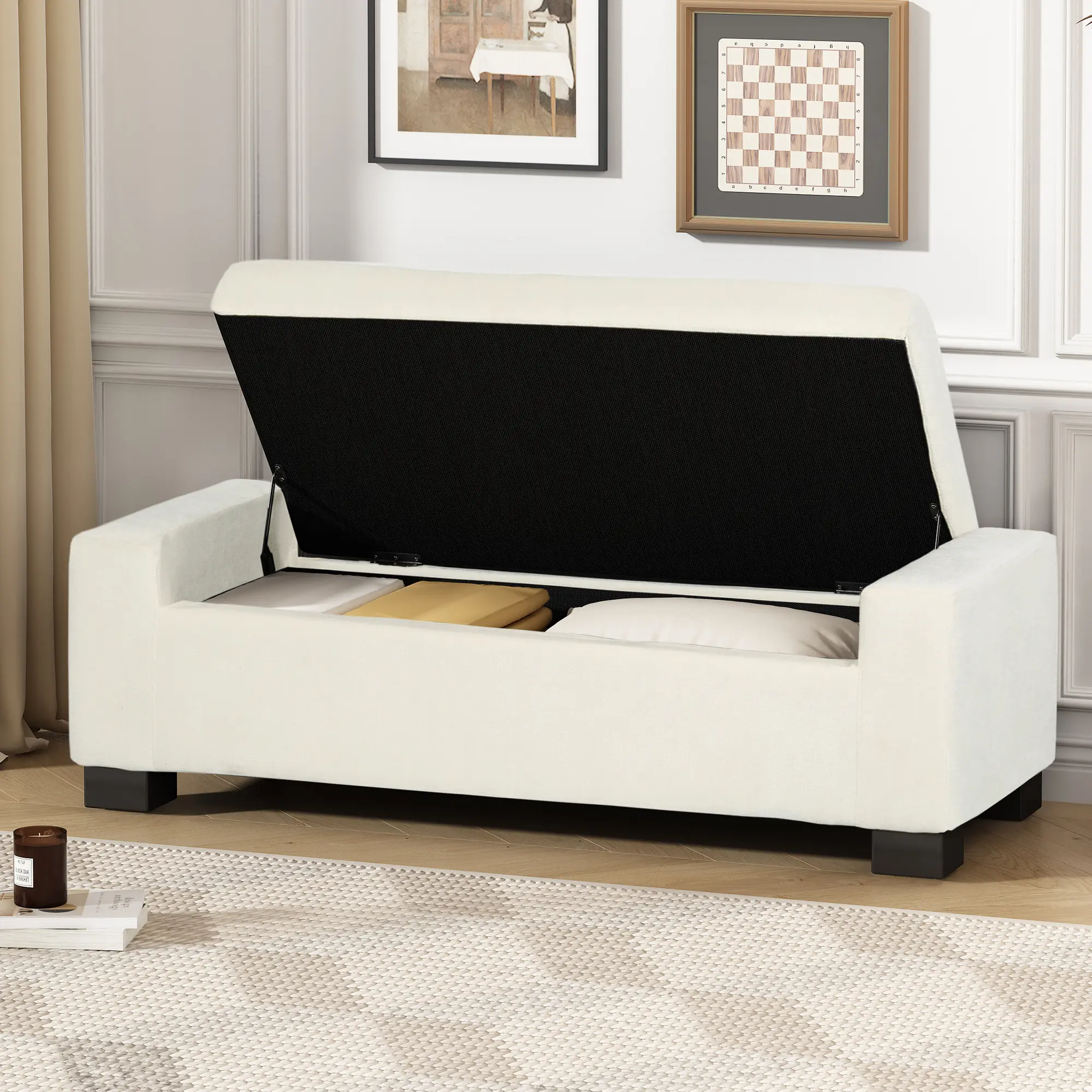 50-Inch Rectangular Polyester Storage Ottoman Bench with Hinged Lid, Fabric-Upholstered Footrest with Hidden Storage, Extra Seating Organizer for Living Room, Indoor Furniture Stool