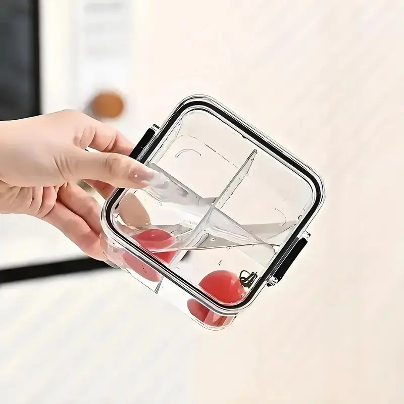 Portable Square Clear Storage Box with Lid, Leak-Proof, 4 Compartments, 460ML Capacity, Ideal for School, Camping, Office, Snacks, Fruits