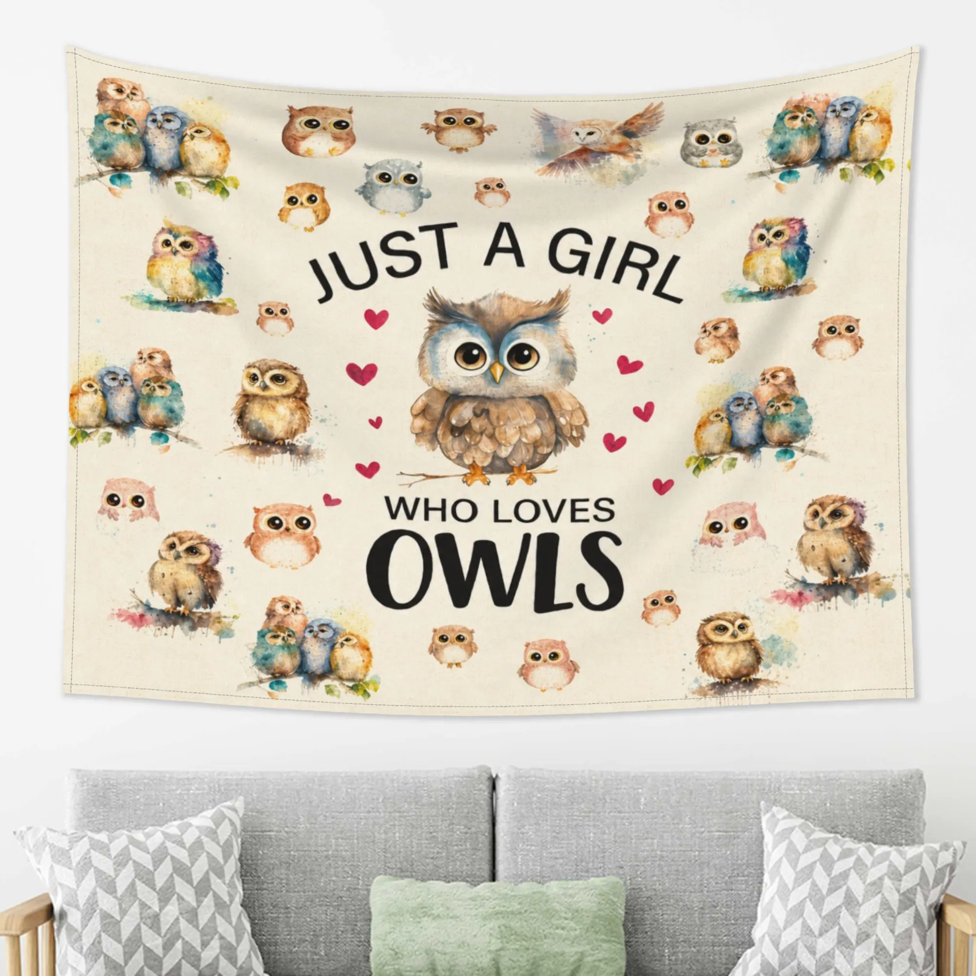 Just a Girl Who Loves Owls Wall Tapestry, Cute Watercolor Owl Art Wall Hanging, Whimsical Animal Home Decor for Bedroom Living Room Nursery, Aesthetic Forest Bird Theme Party Backdrop, Gift for Owl Lovers
