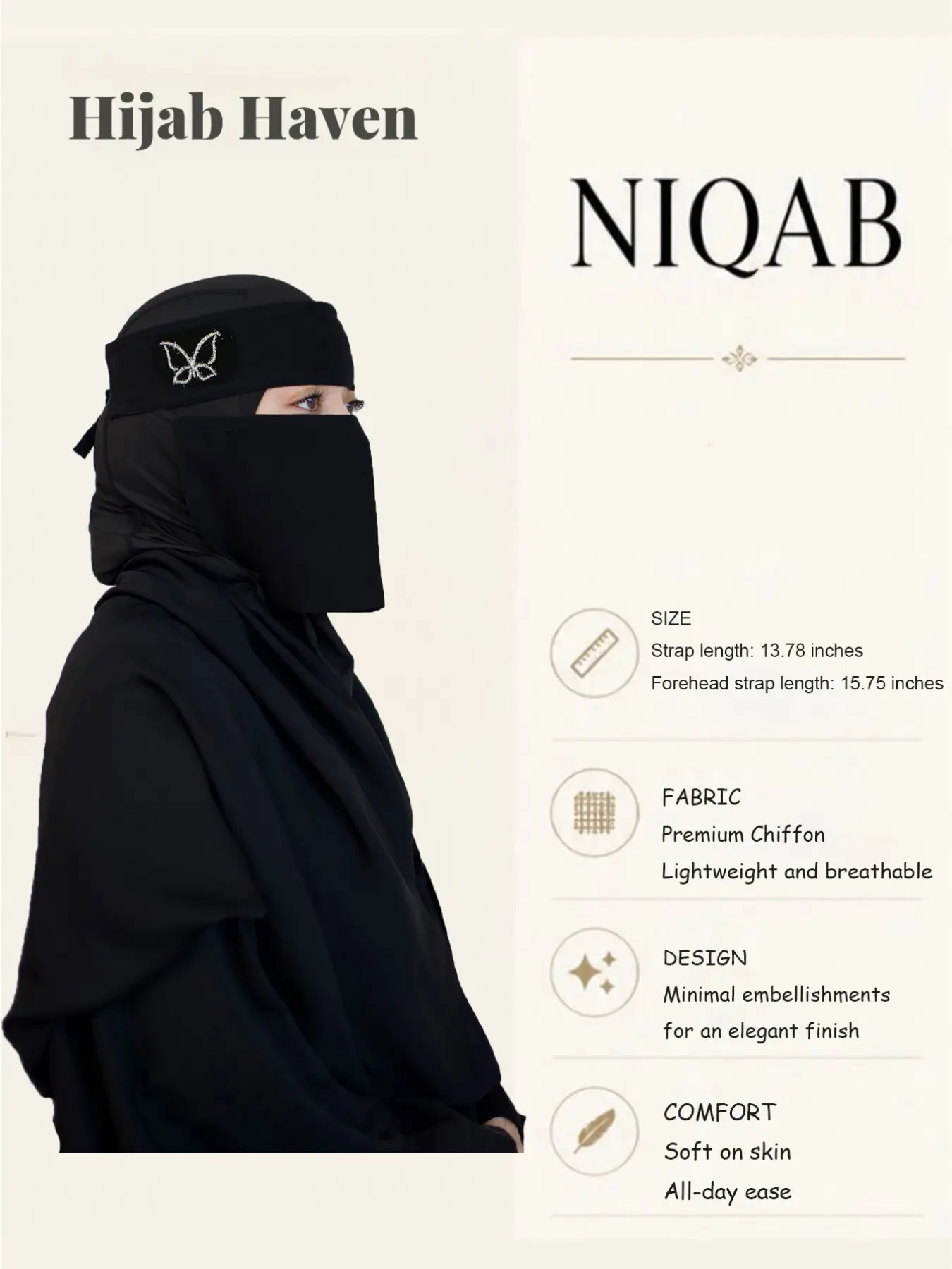 Women's Composite Silk Butterfly Gold Dust Soft Breathable Veil, Single Layer Niqab Islamic Mask, Khimar Head Cover for Ramadan Prayer