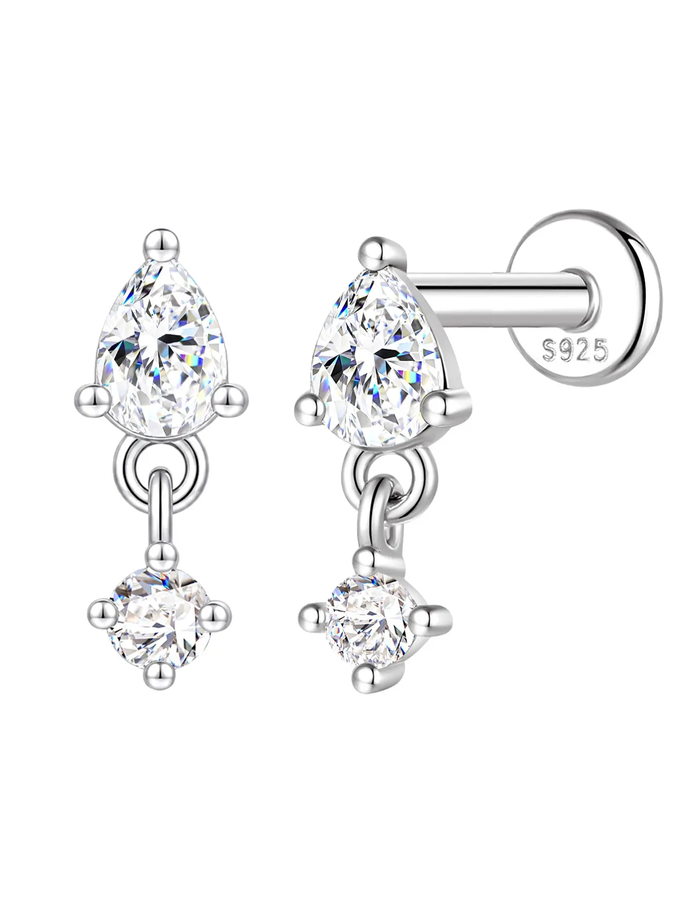 VORA 18K Gold Plated Waterproof S925 Sterling Silver VVS Synthetic Moissanite Earring | D Color Pear Cut Teardrop Tassel Dangle Diamond Flatback Cartilage Stud | Tarnish Free Sleep Safe Helix Piercing | Ideal Holiday Gift Choice