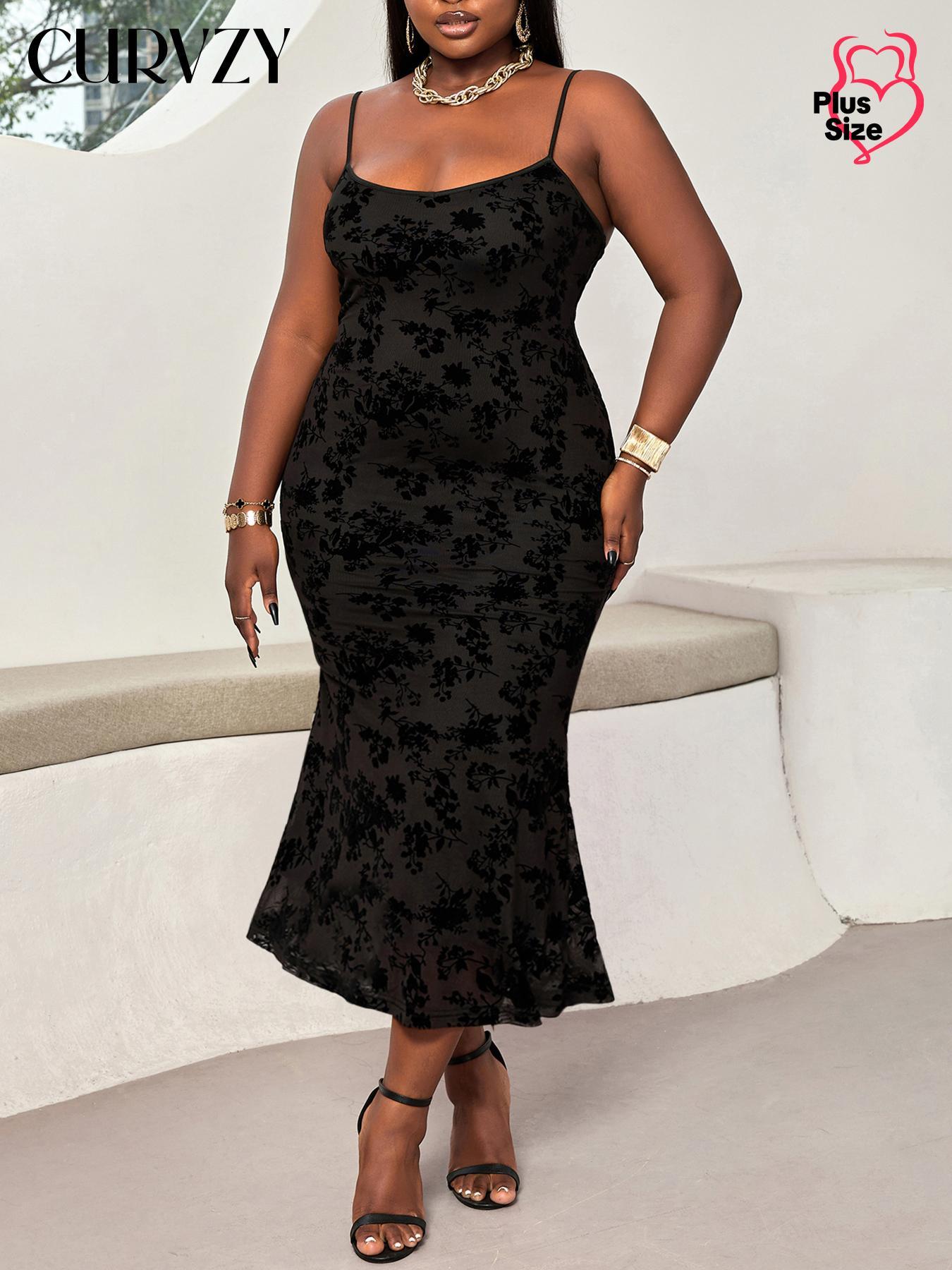 CURVZY Plus Size Floral Print Mesh Cami Dress, Elegant Sleeveless Spaghetti Strap Dress for Party Dating Wear, Women Clothing for All Seasons