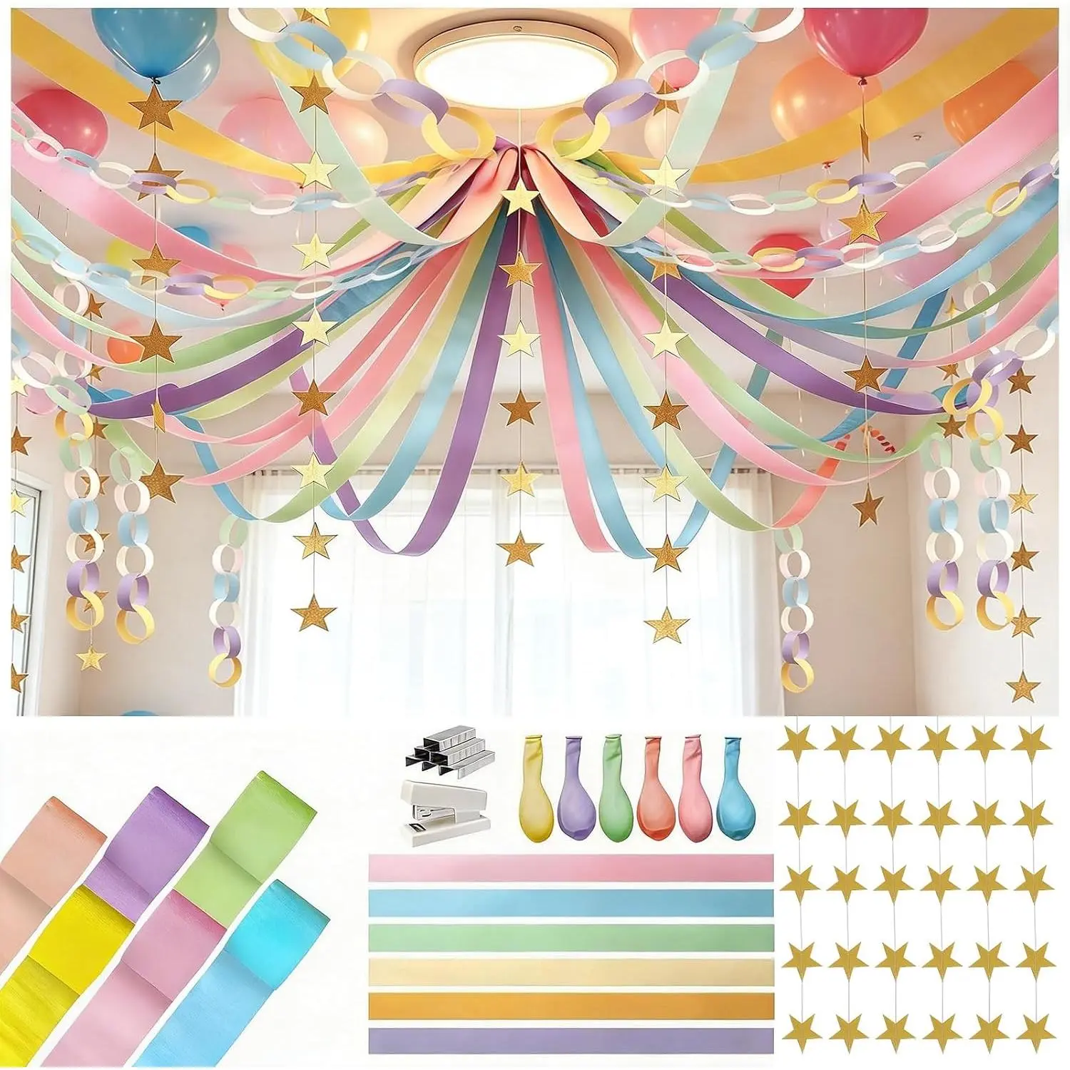Pastel Birthday Party Decorations Kit with 492ft Crepe Paper Streamers, 300 Paper Chain Strips, 78.6ft   Garland and 30 Pastel Balloons for Wedding Birthday Party DIY Crafts  Decor